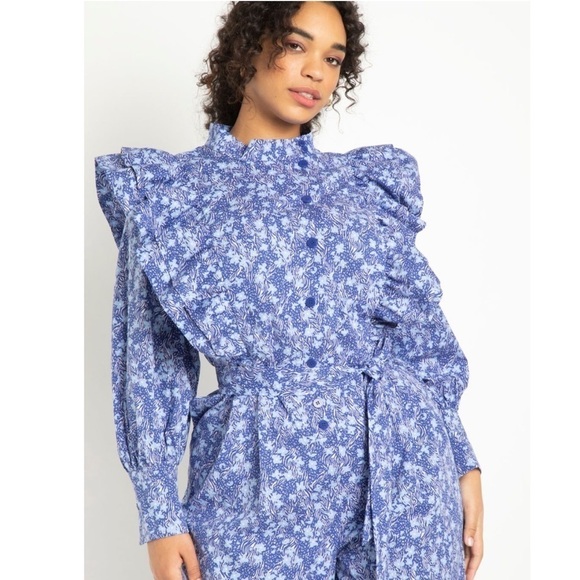 Eloquii 14 Ruffle Detail Printed Jumpsuit blue - Picture 3 of 9